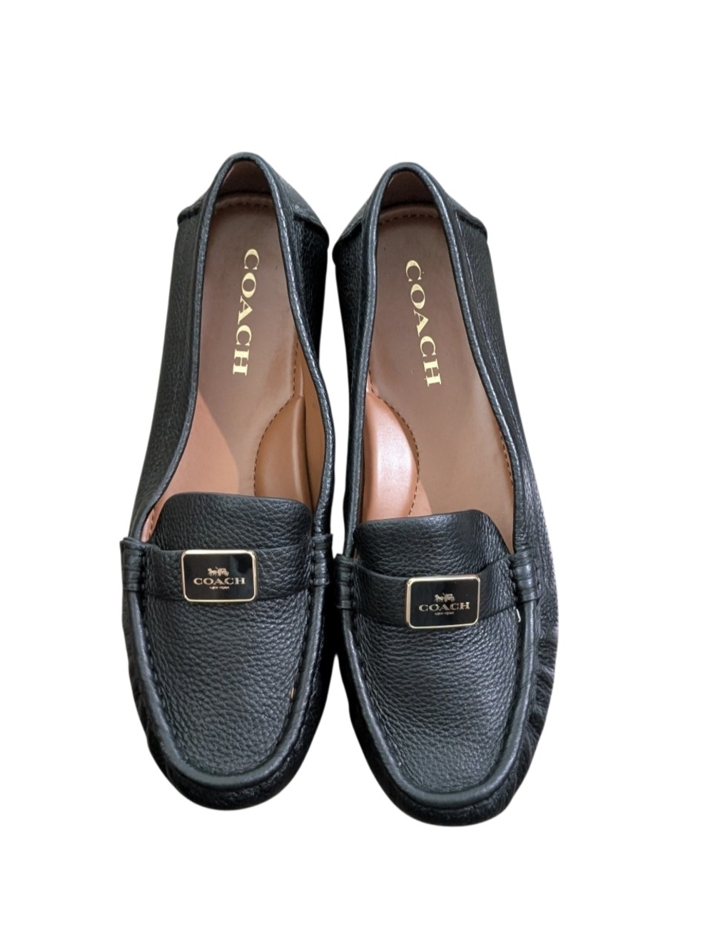 COACH Black Pebbled Leather Slip-On Loafers with Gold Plaque